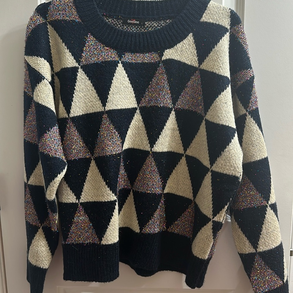 GeeGee Navy & Cream Geometric Tinsel Sweater